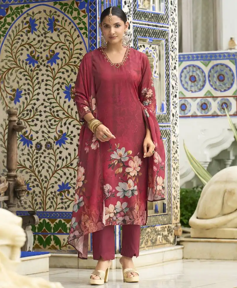 Maroon chinon chiffon floral printed straight kurta with pant & printed dupatta stitched