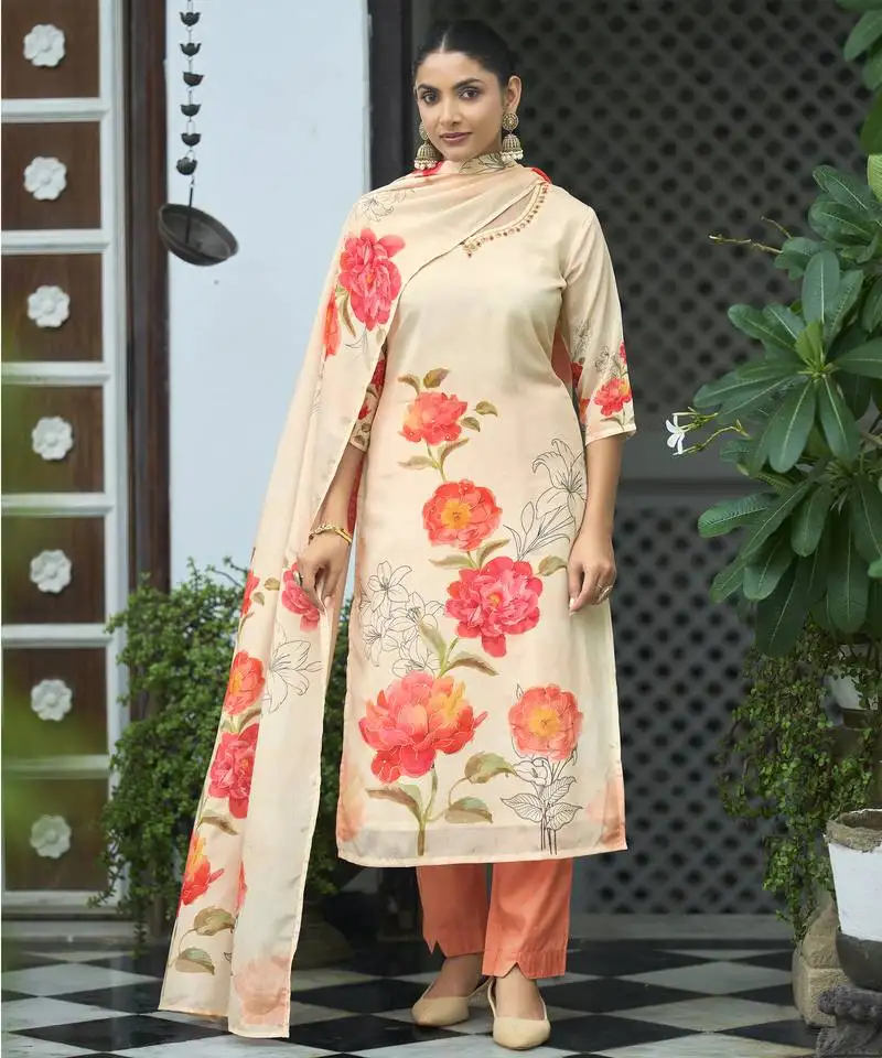 Beige chinon chiffon floral printed straight kurta with pant & printed dupatta stitched