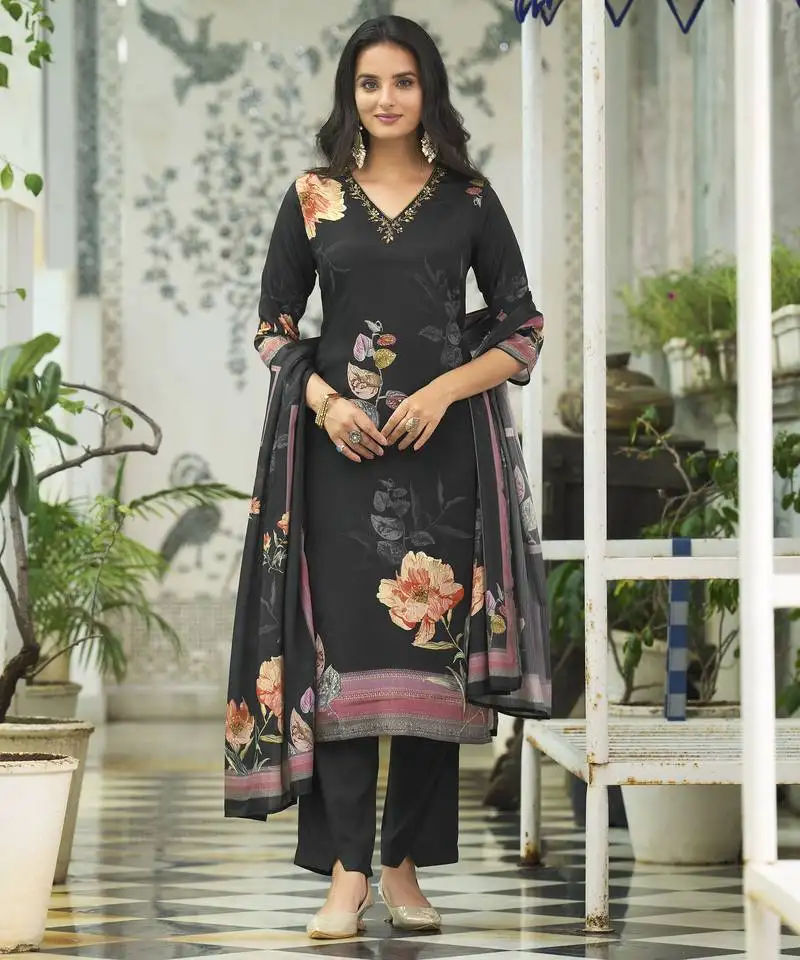 Black chinon chiffon floral printed straight kurta with pant & printed dupatta stitched