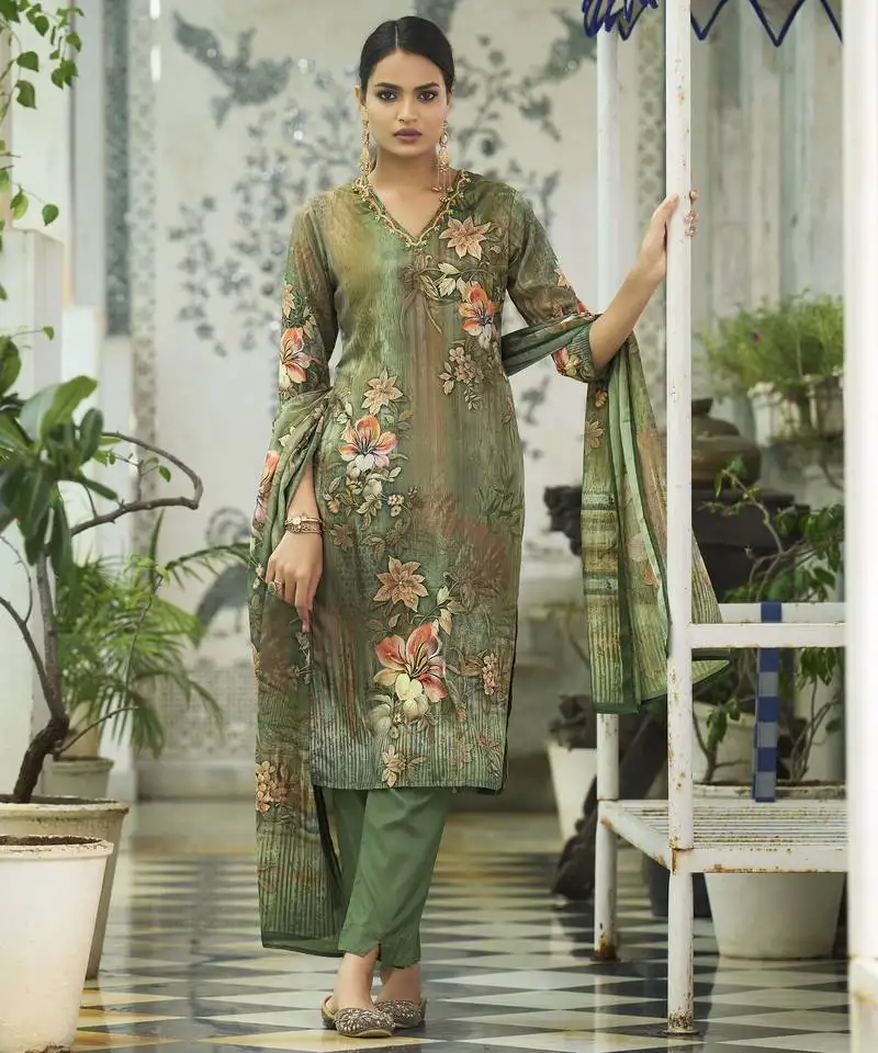 Olive green chinon chiffon floral printed straight kurta with pant & printed dupatta stitched