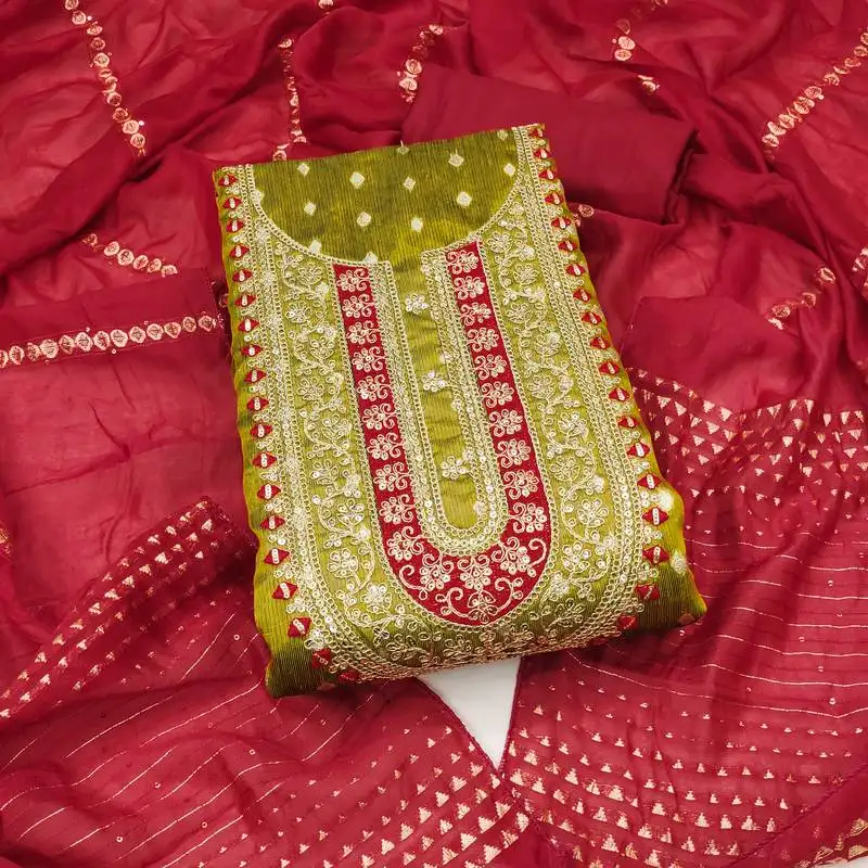 Women's light green unstitched weaving embroidery & fancy border simmer jacquard dress material (rnx5051lgn)