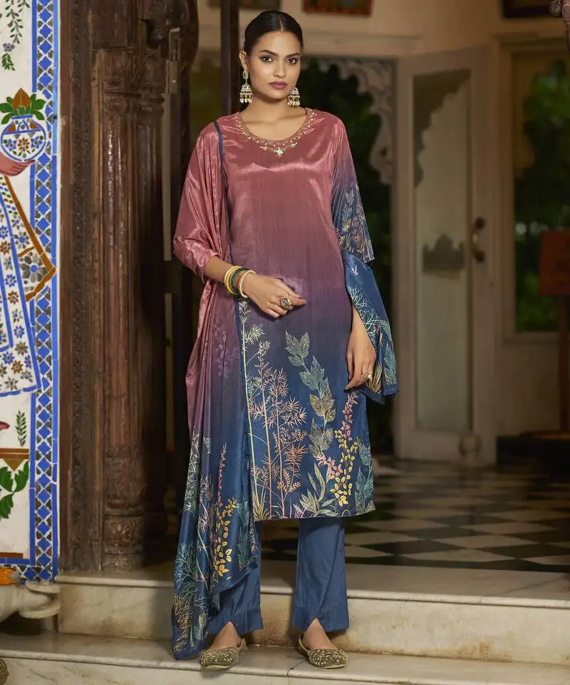 Mauve chinon chiffon floral printed straight kurta with pant & printed dupatta stitched