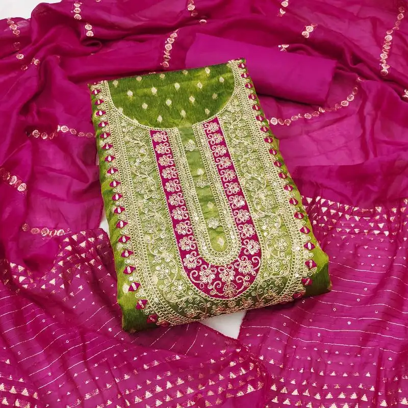 Women's green unstitched weaving embroidery & fancy border simmer jacquard dress material (rnx5051grn)