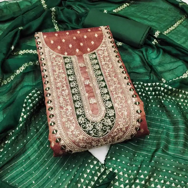 Women's brown unstitched weaving embroidery & fancy border simmer jacquard dress material (rnx5051bwn)