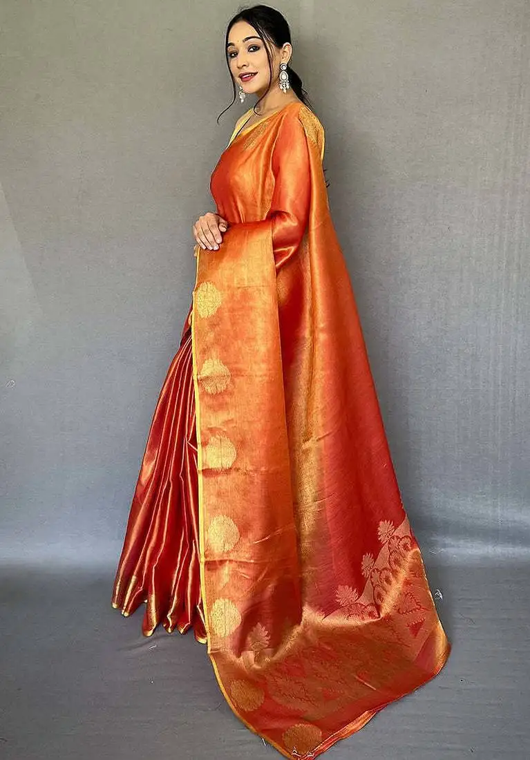 Orange silk blend saree with unstitched blouse