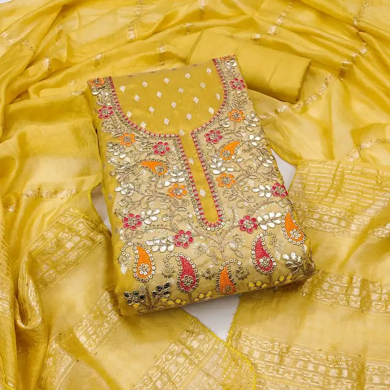 Women's yellow unstitched weaving embroidery & fancy border simmer jacquard dress material (rnx5050ylw)