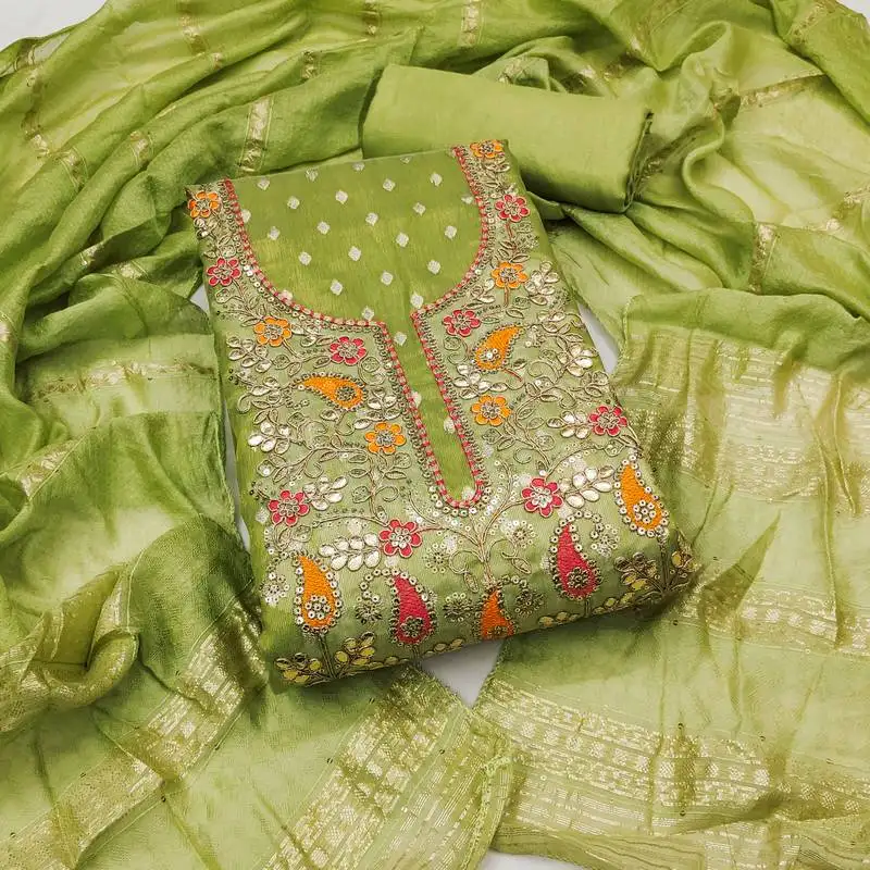 Women's green unstitched weaving embroidery & fancy border simmer jacquard dress material (rnx5050grn)