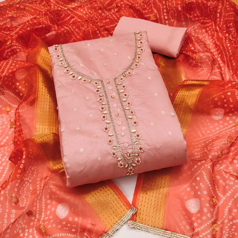 Women's peach unstitched weaving & handwork modal banarasi jacquard dress material (msmfc11610c)