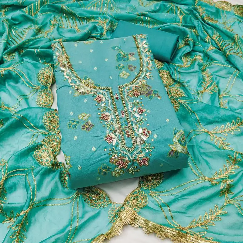 Women's sea green unstitched print & handwork modal dress material (msmfc11608d)