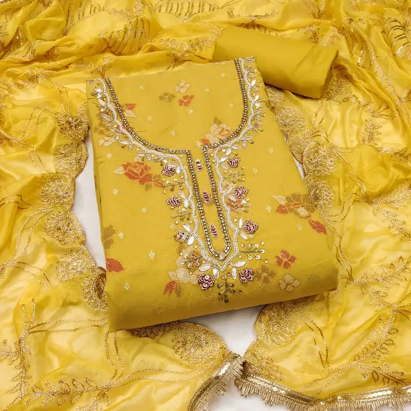 Women's mustard unstitched print & handwork modal dress material (msmfc11608a)