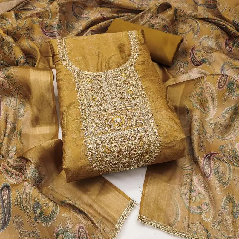 Women's mustard unstitched digital print & handwork simmer cotton silk dress material (msmfc11607d)