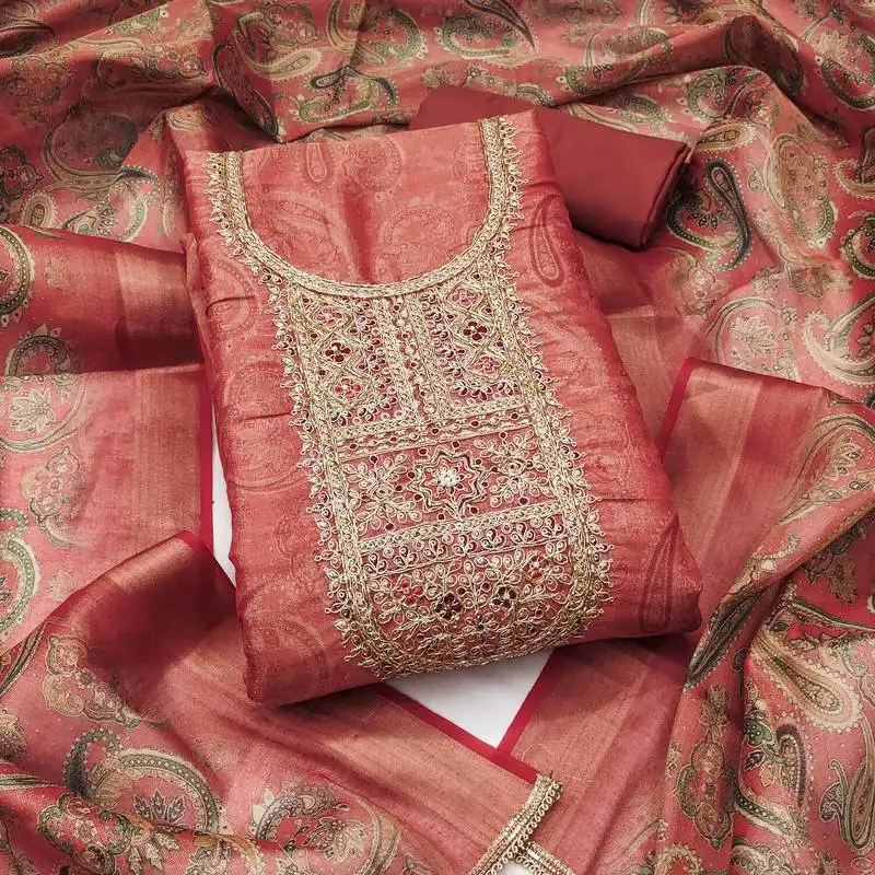 Women's dusty rose unstitched digital print & handwork simmer cotton silk dress material (msmfc11607b)