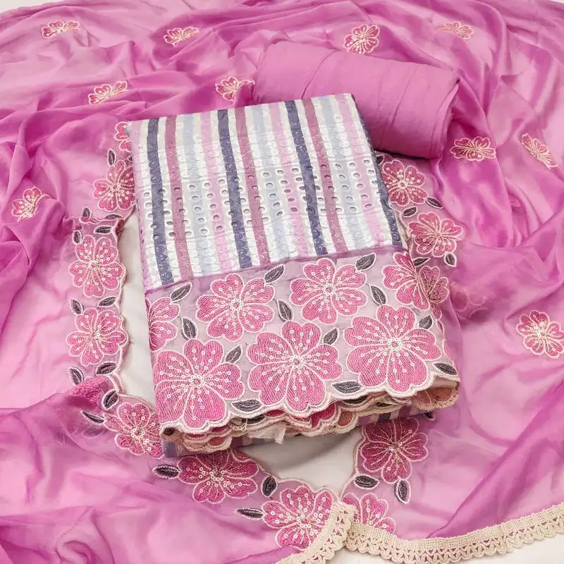 Women's multi unstitched heavy thread sequence embroidery digital print pure cambric cotton dress material (msmfc11604d)