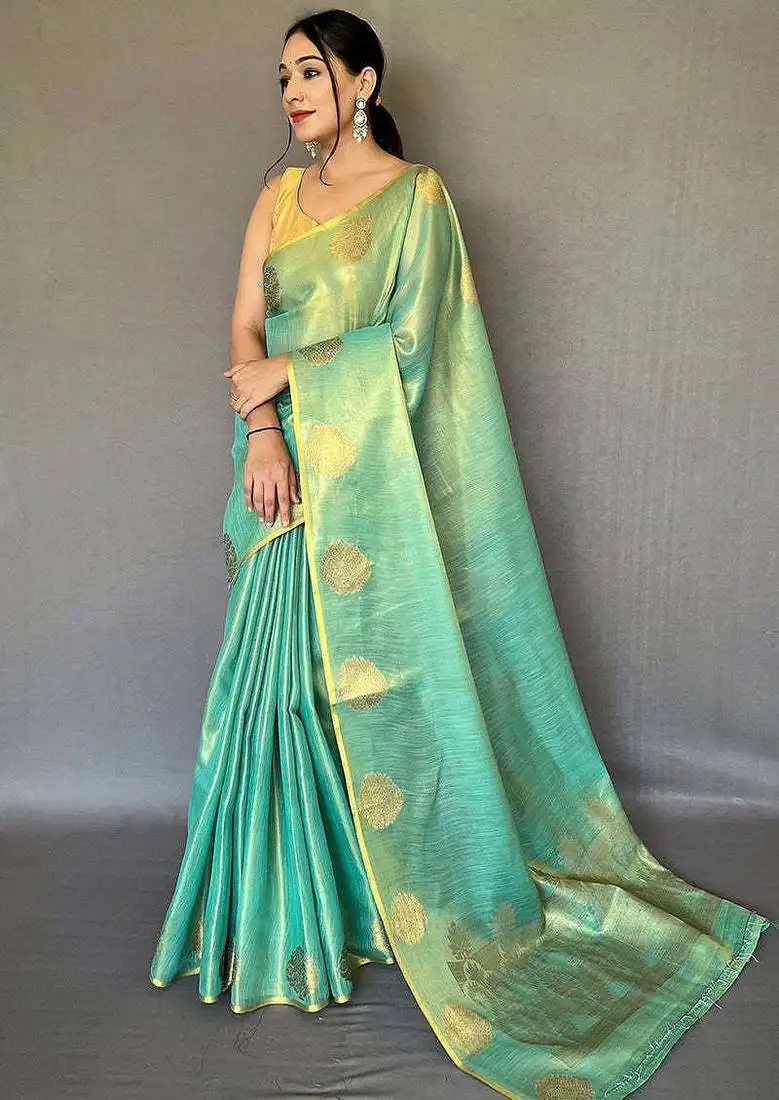 Sky blue silk blend saree with unstitched blouse