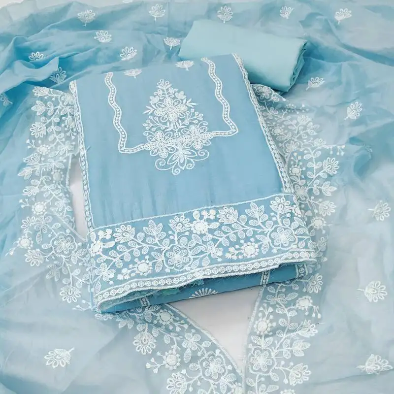 Women's sky blue unstitched heavy thread embroidery & fancy border chanderi cotton dress material (in2044sbl)