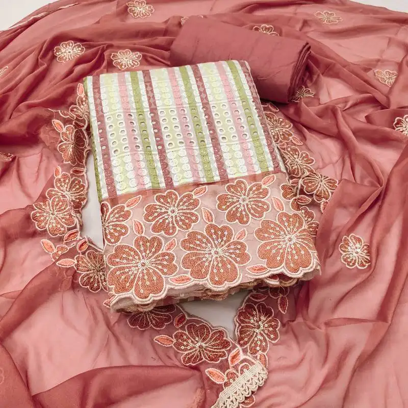 Women's multi unstitched heavy thread sequence embroidery digital print pure cambric cotton dress material (msmfc11604a)