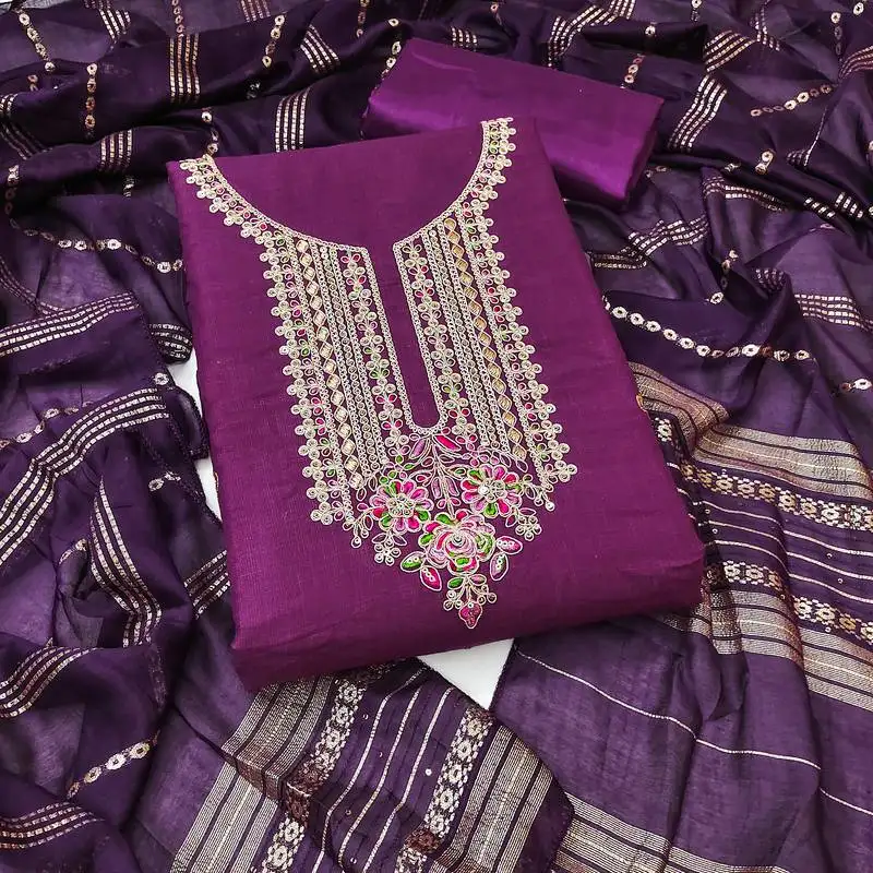 Women's purple unstitched heavy zari sequence embroidery slub cotton dress material (in2043ppl)