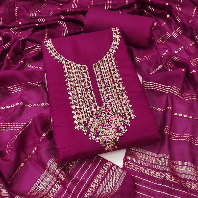 Women's magenta unstitched heavy zari sequence embroidery slub cotton dress material (in2043mgt)