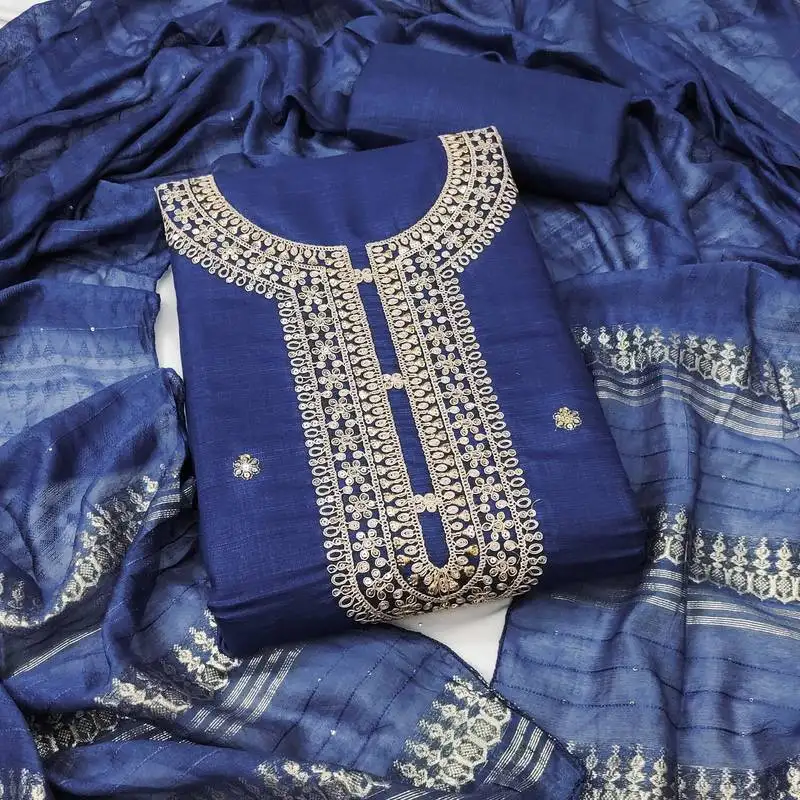 Women's royal blue unstitched heavy zari sequence embroidery slub cotton dress material (in2042rbl)