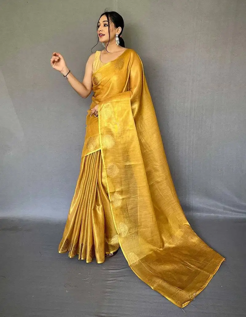Yellow silk blend saree with unstitched blouse