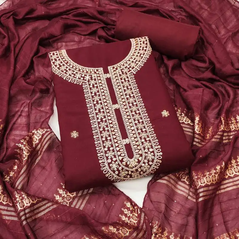 Women's maroon unstitched heavy zari sequence embroidery slub cotton dress material (in2042mrn)