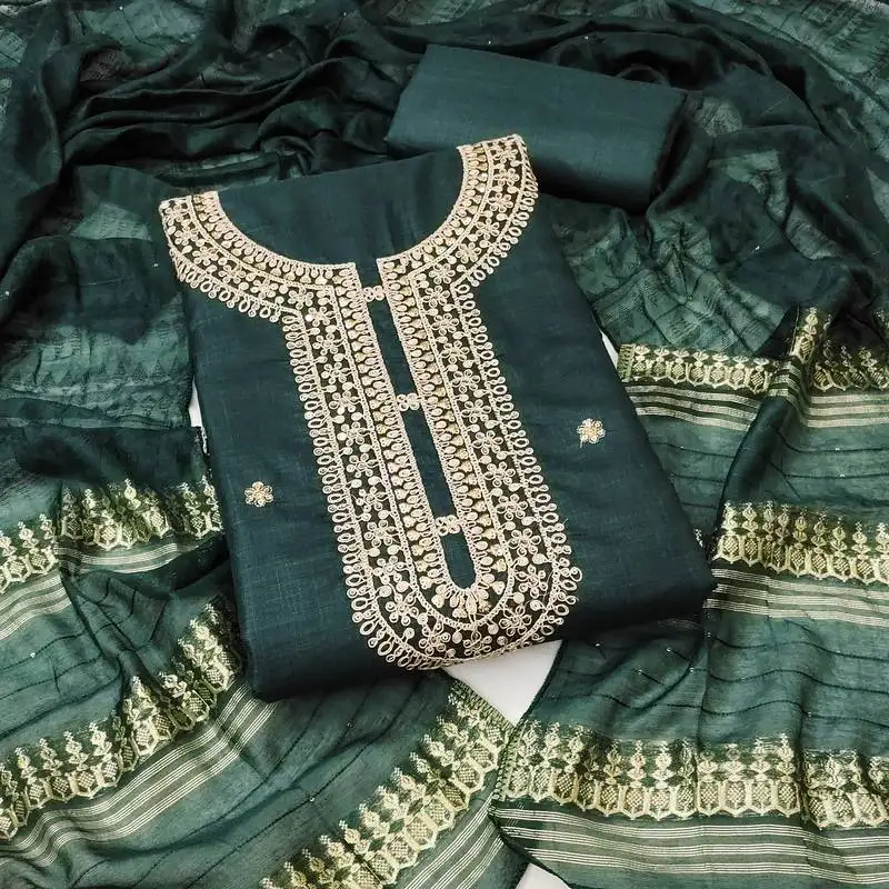 Women's green unstitched heavy zari sequence embroidery slub cotton dress material (in2042grn)