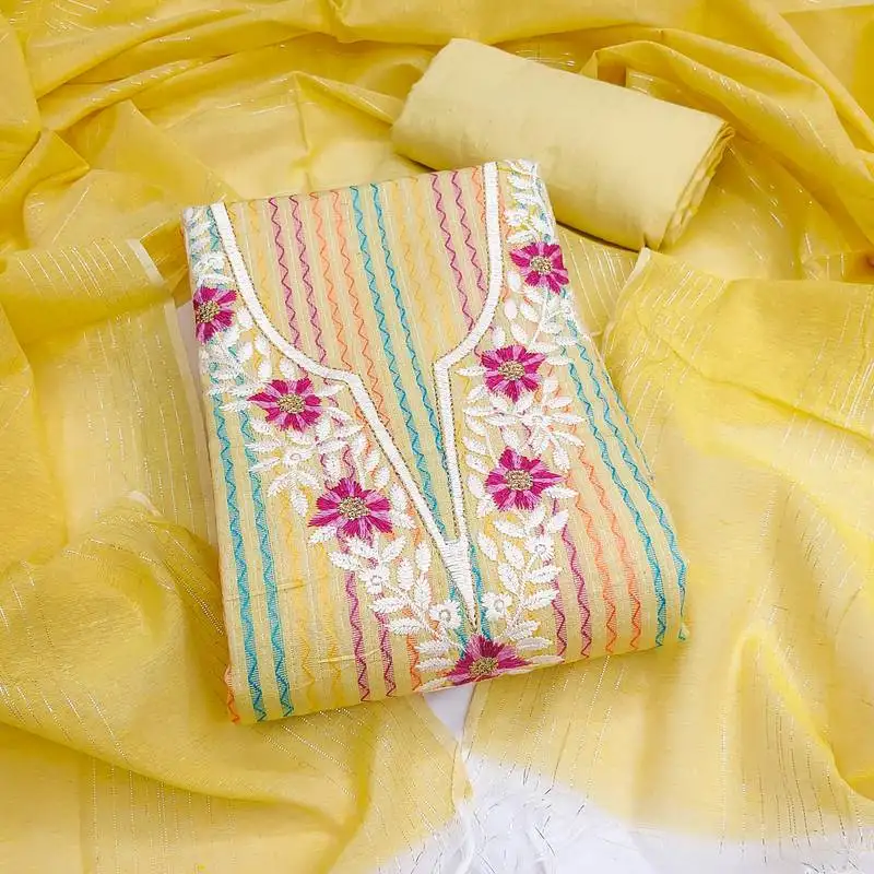 Women's yellow unstitched heavy thread embroidery cotton jacquard dress material (gngr50135ylw)