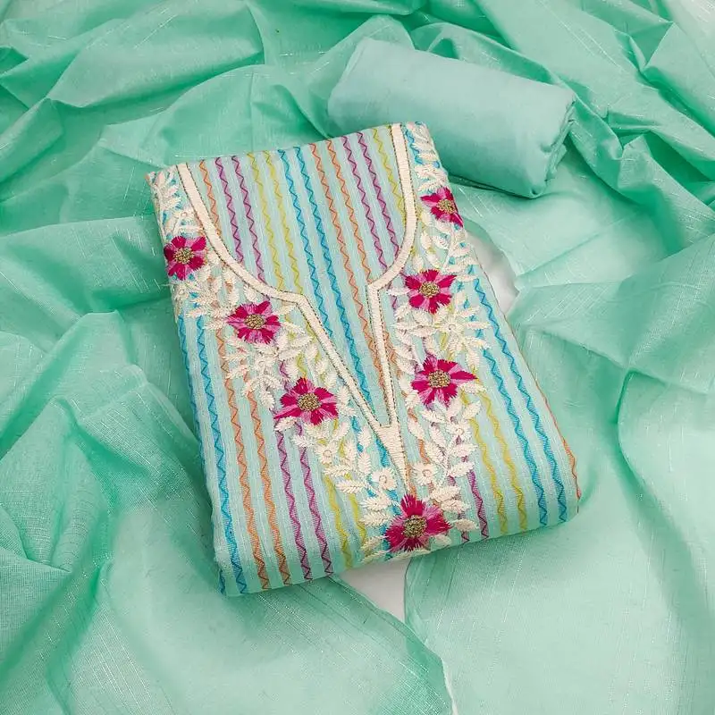 Women's sea green unstitched heavy thread embroidery cotton jacquard dress material (gngr50135sgn)