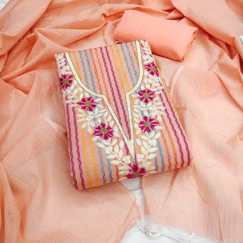 Women's peach unstitched heavy thread embroidery cotton jacquard dress material (gngr50135pch)