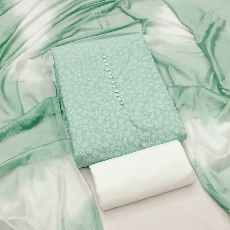 Women's sea green unstitched print cotton dress material (gngr50133sgn)