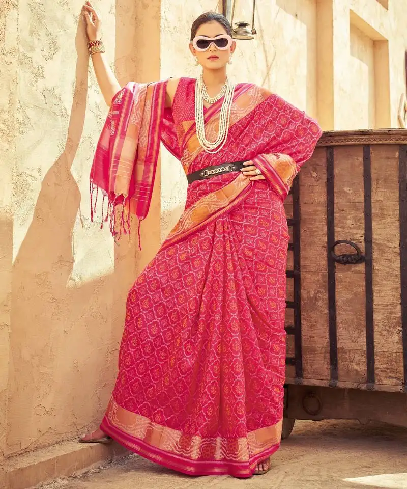 Gajari pink soft silk blend saree with unstitched blouse