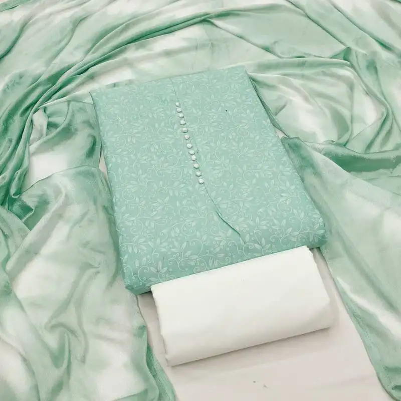 Women's sea green unstitched print cotton dress material (gngr50132sgn)