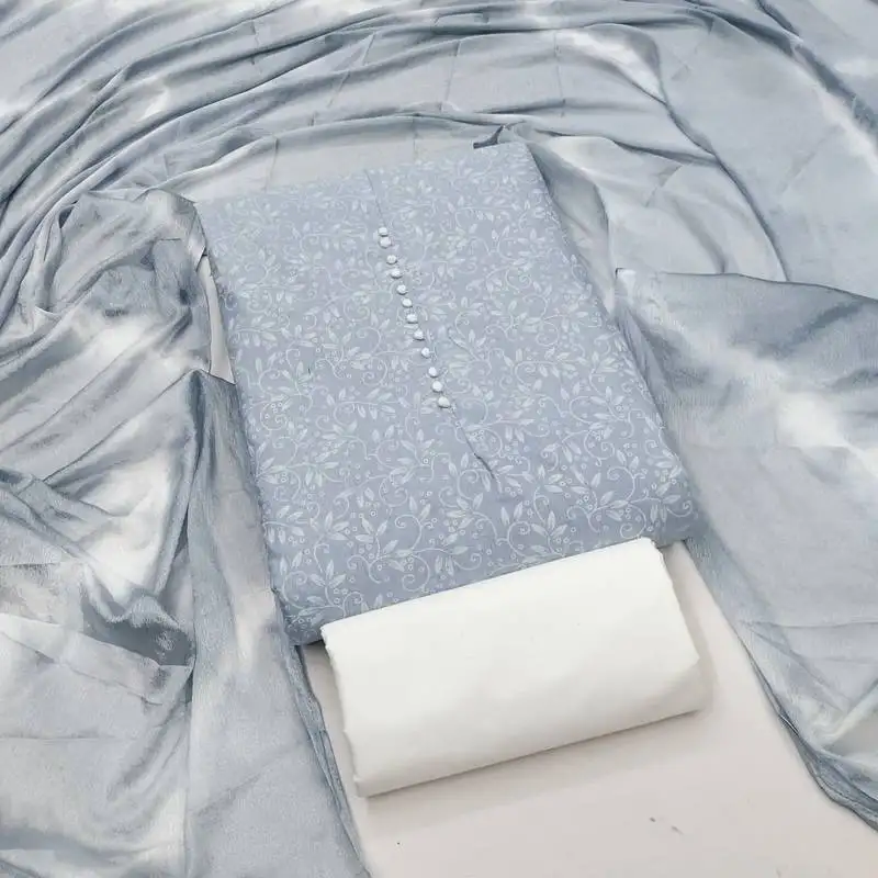 Women's grey unstitched print cotton dress material (gngr50132gry)