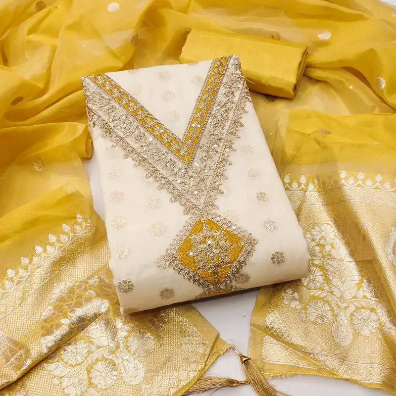 Women's white unstitched weaving embroidery & fancy border simmer jacquard dress material (gngr50131ylw)