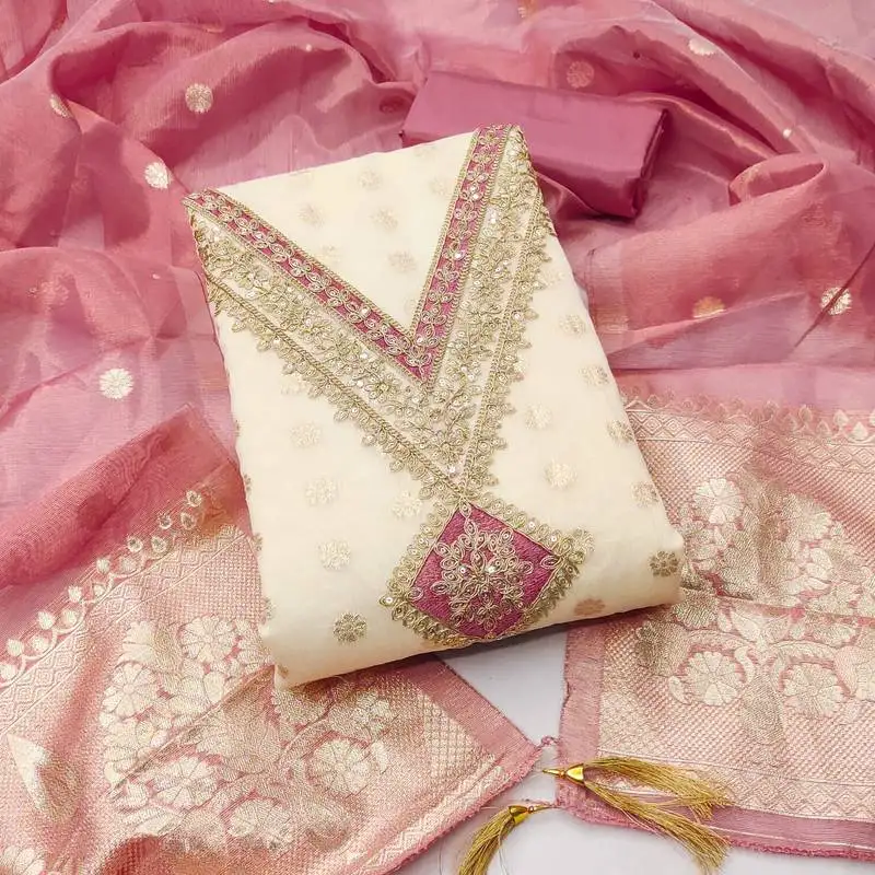 Women's white unstitched weaving embroidery & fancy border simmer jacquard dress material (gngr50131pnk)