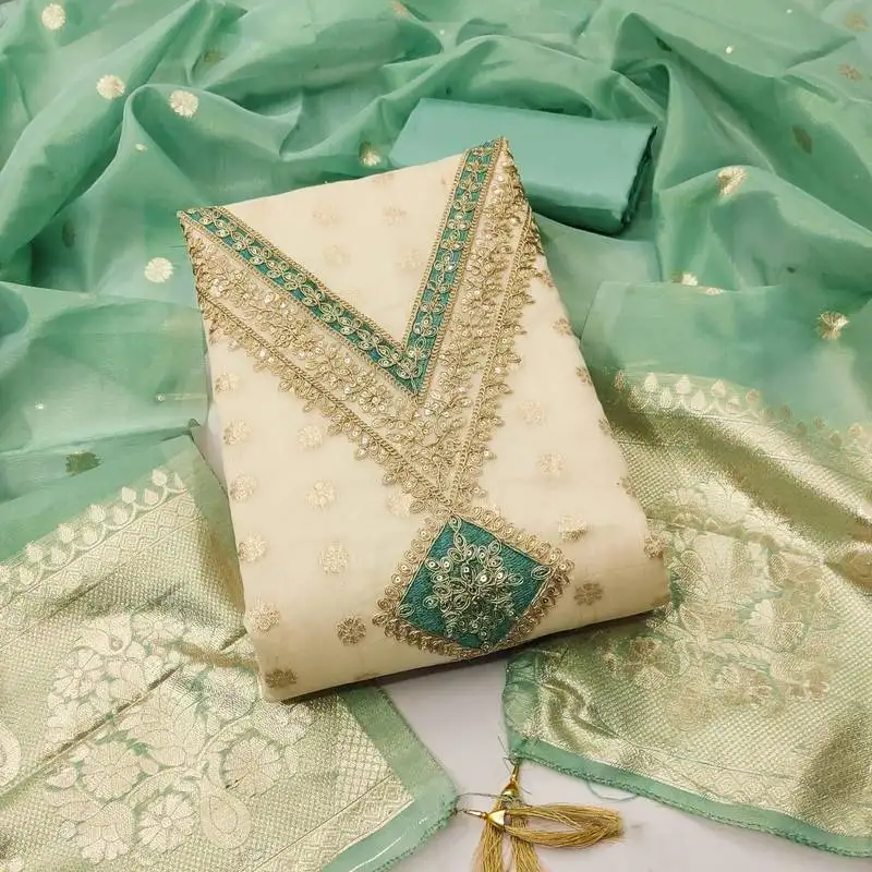 Women's white unstitched weaving embroidery & fancy border simmer jacquard dress material (gngr50131lgn)