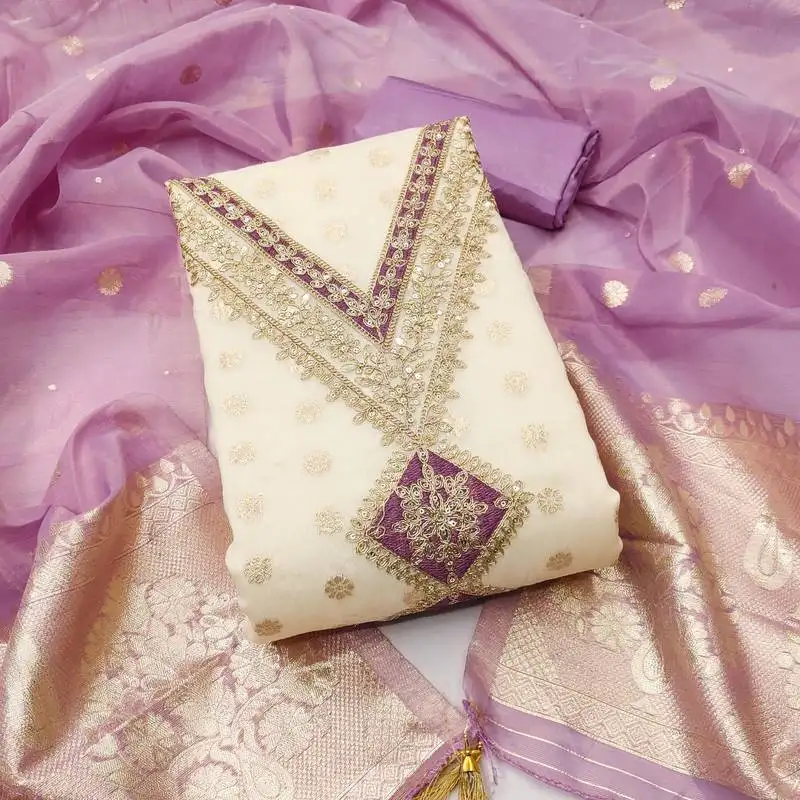 Women's white unstitched weaving embroidery & fancy border simmer jacquard dress material (gngr50131ldr)