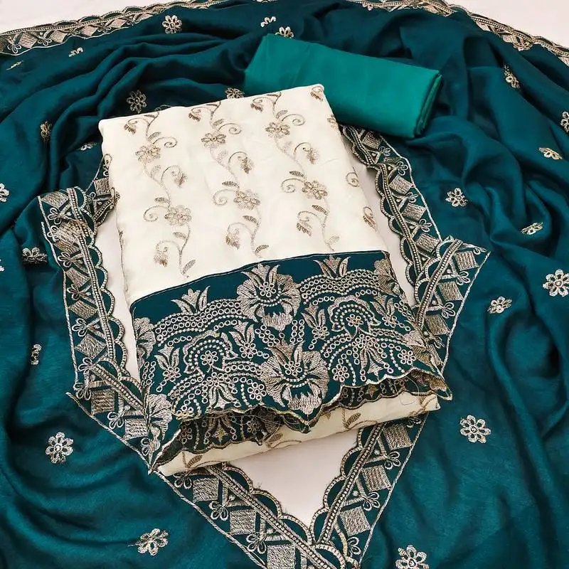 Women's white unstitched heavy embroidery & fancy border vichitra silk dress material (gngr50130sgn)