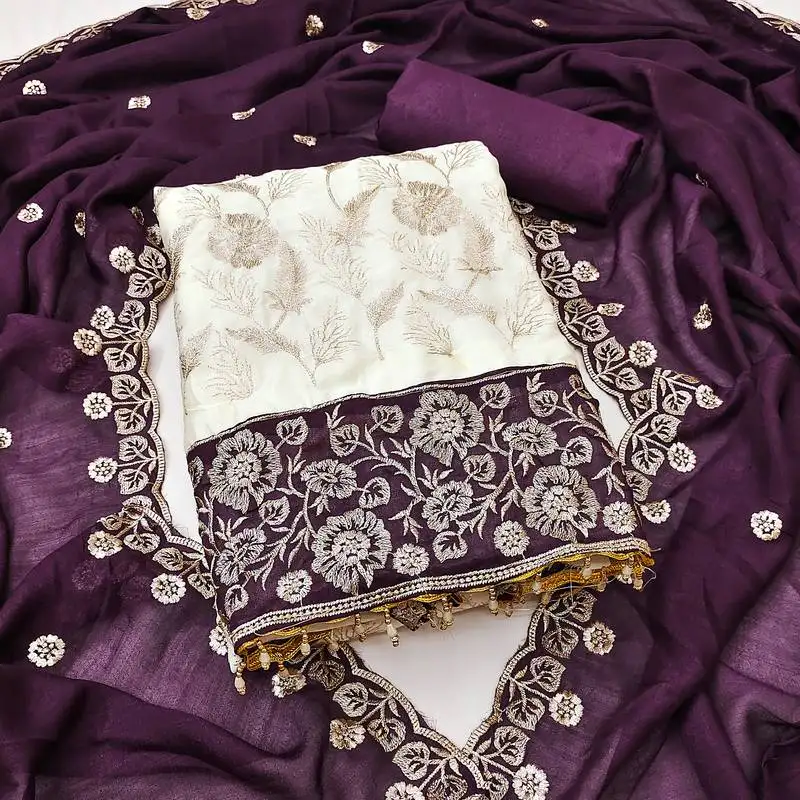 Women's white unstitched heavy embroidery & fancy border vichitra silk dress material (gngr50130ppl)
