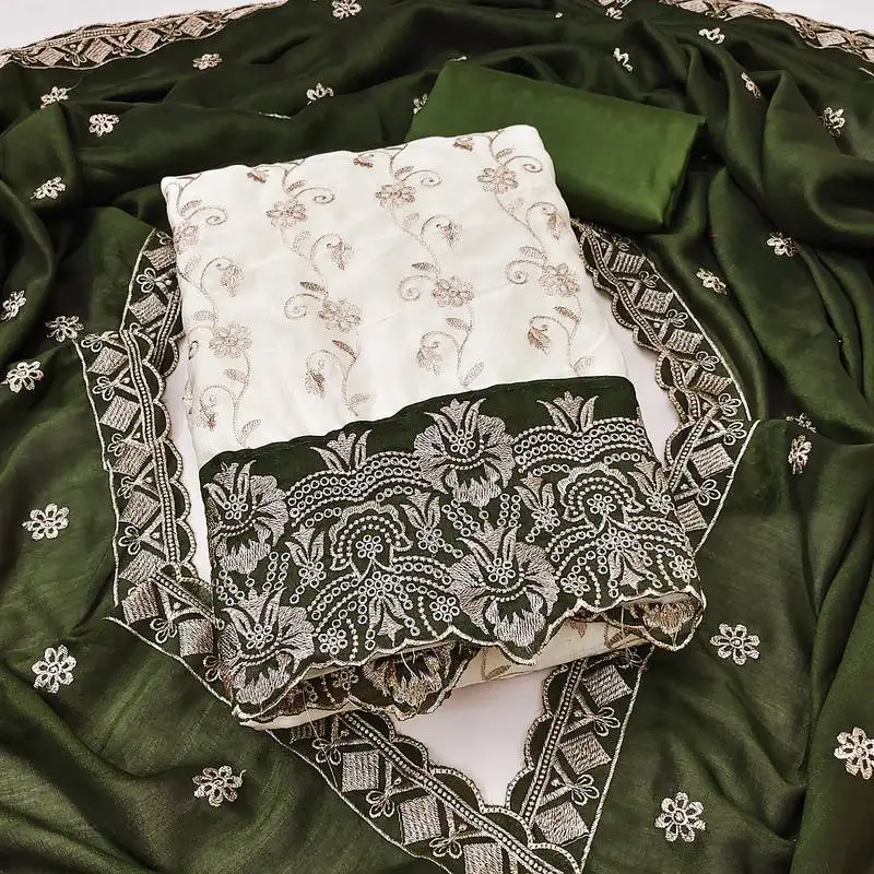 Women's white unstitched heavy embroidery & fancy border vichitra silk dress material (gngr50130grn)