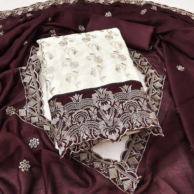 Women's white unstitched heavy embroidery & fancy border vichitra silk dress material (gngr50130bwn)