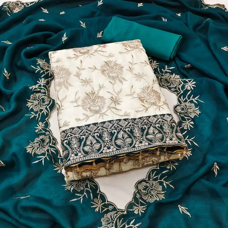 Women's white unstitched heavy embroidery & fancy border vichitra silk dress material (gngr50129tbl)