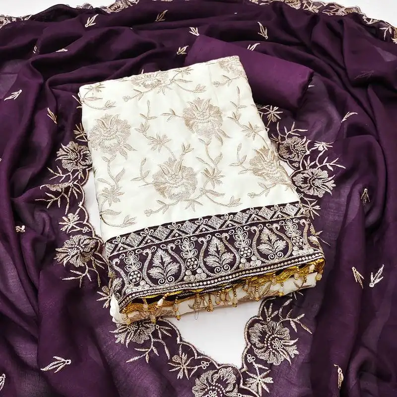 Women's white unstitched heavy embroidery & fancy border vichitra silk dress material (gngr50129ppl)