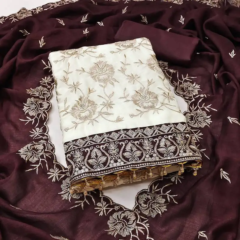 Women's white unstitched heavy embroidery & fancy border vichitra silk dress material (gngr50129bwn)