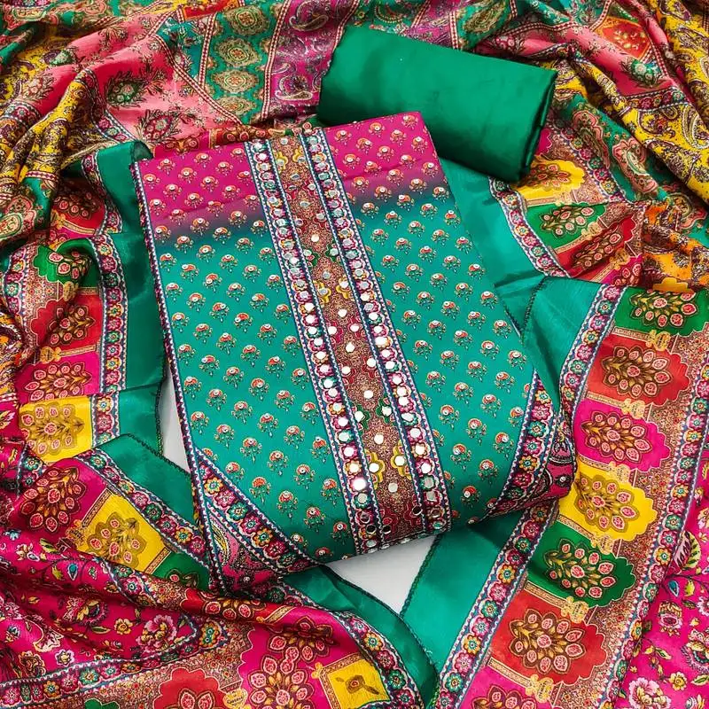 Women's multi unstitched digital print & fancy border chinnon dress material (gngr50128sgn)