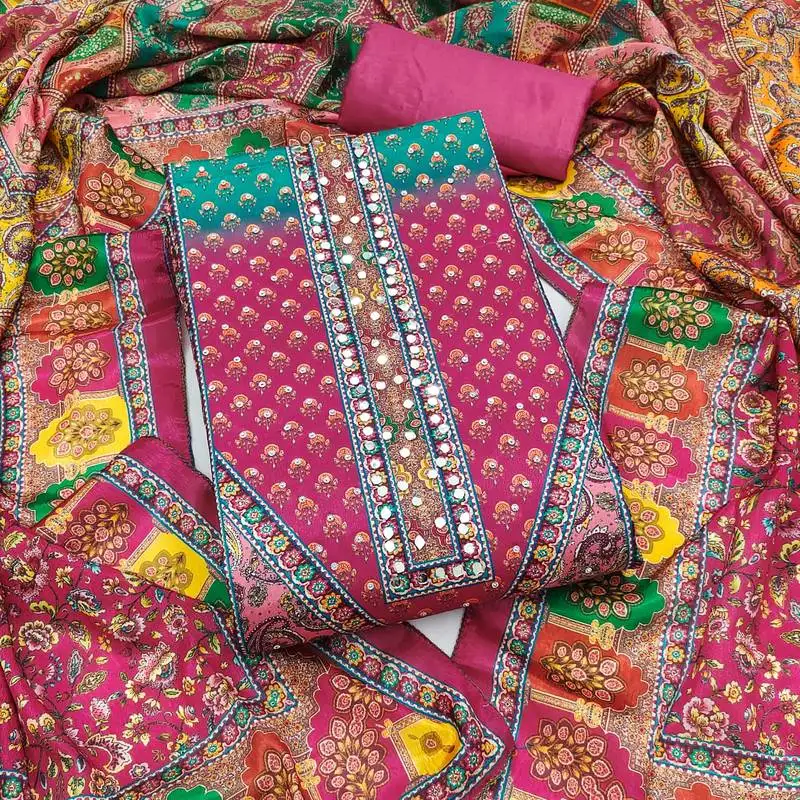 Women's multi unstitched digital print & fancy border chinnon dress material (gngr50128pnk)