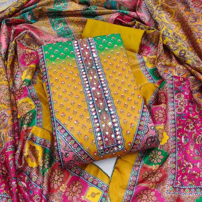 Women's multi unstitched digital print & fancy border chinnon dress material (gngr50128mtd)