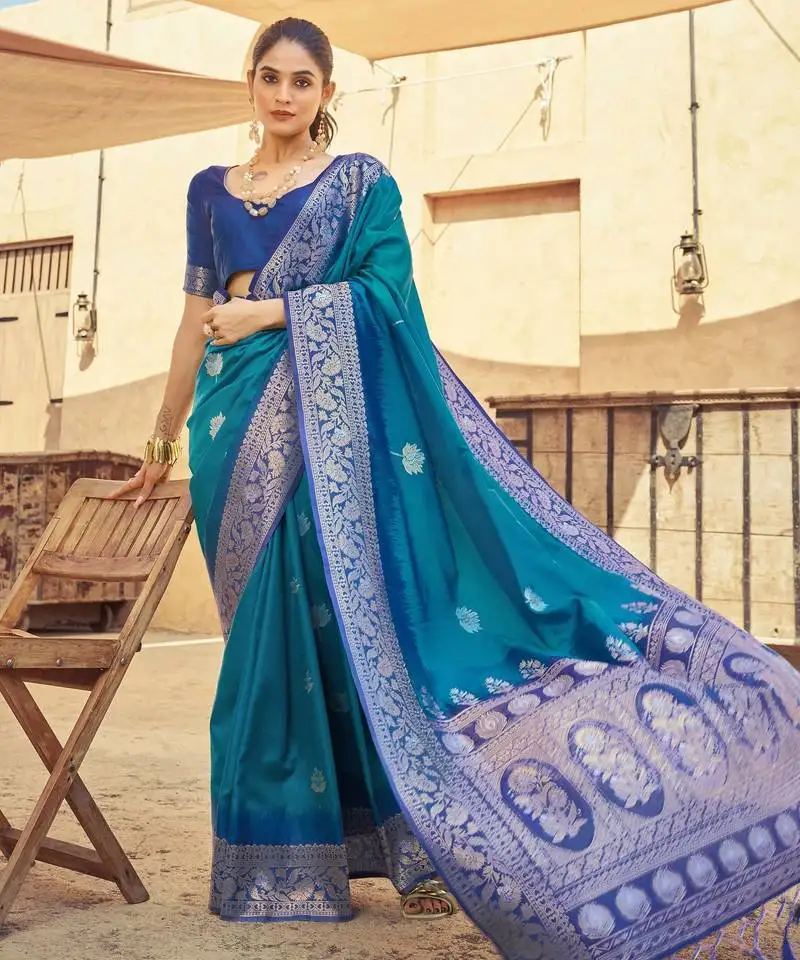 Dark rama soft silk blend saree with unstitched blouse