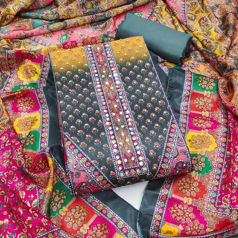 Women's multi unstitched digital print & fancy border chinnon dress material (gngr50128gry)