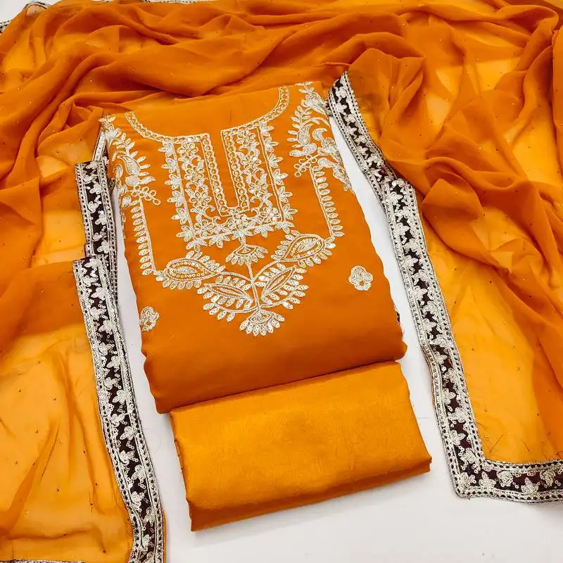 Women's yellow unstitched heavy embroidery & fancy border georgette dress material (gngr50127ylw)